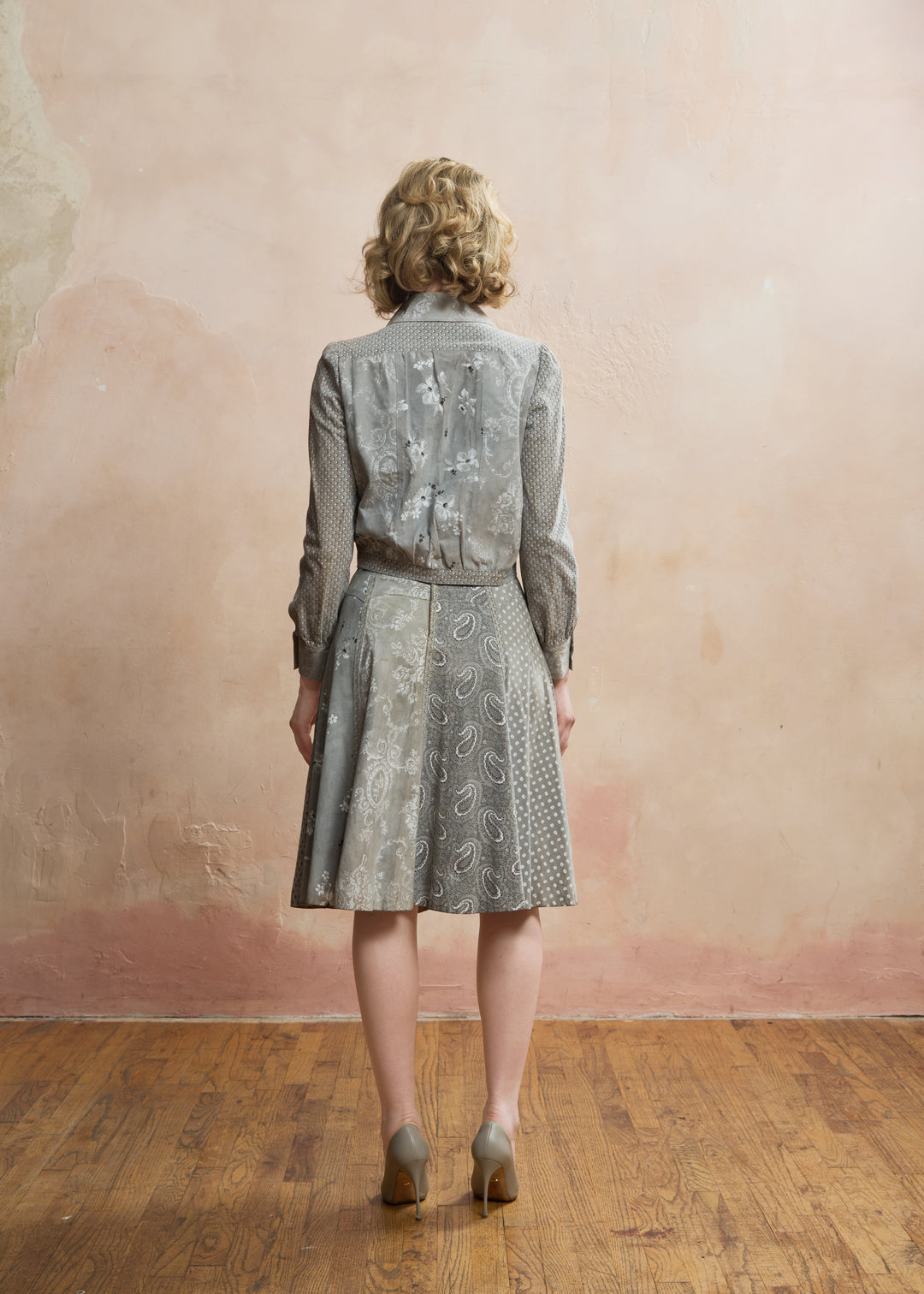 1970s Roberto Cavalli for Crissa Dove Grey Printed Suede Patchwork Jacket and Skirt Set