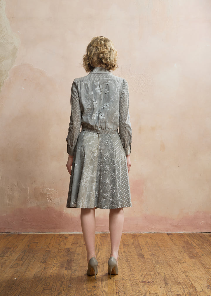 1970s Roberto Cavalli for Crissa Dove Grey Printed Suede Patchwork Jacket and Skirt Set