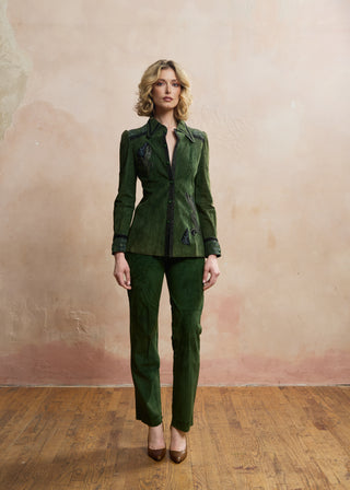 Look 04 — Forest Green Dotted Suede Shirt Jacket &amp; Trousers