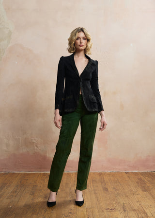 Look 07 — Painted Peacock Suede Jacket &amp; Green Trousers