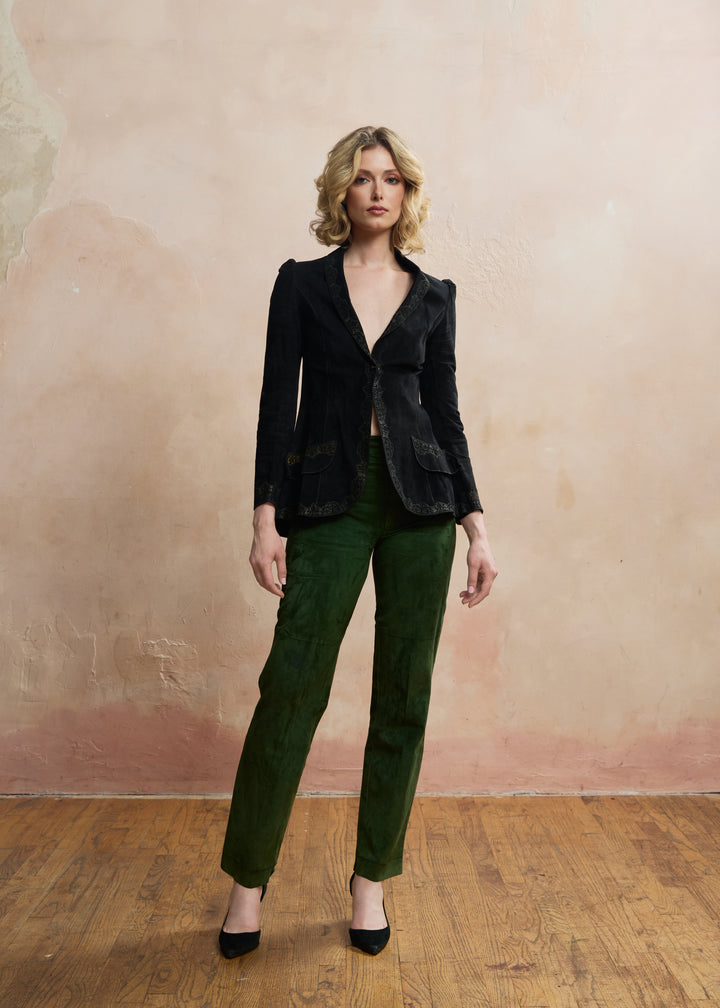 1970s Roberto Cavalli Black Printed Suede Peacock Figure Painted Peplum Jacket