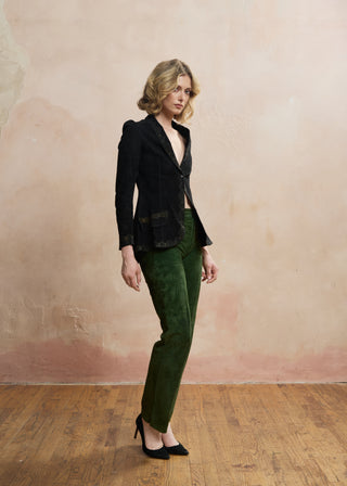 Look 07 — Painted Peacock Suede Jacket &amp; Green Trousers