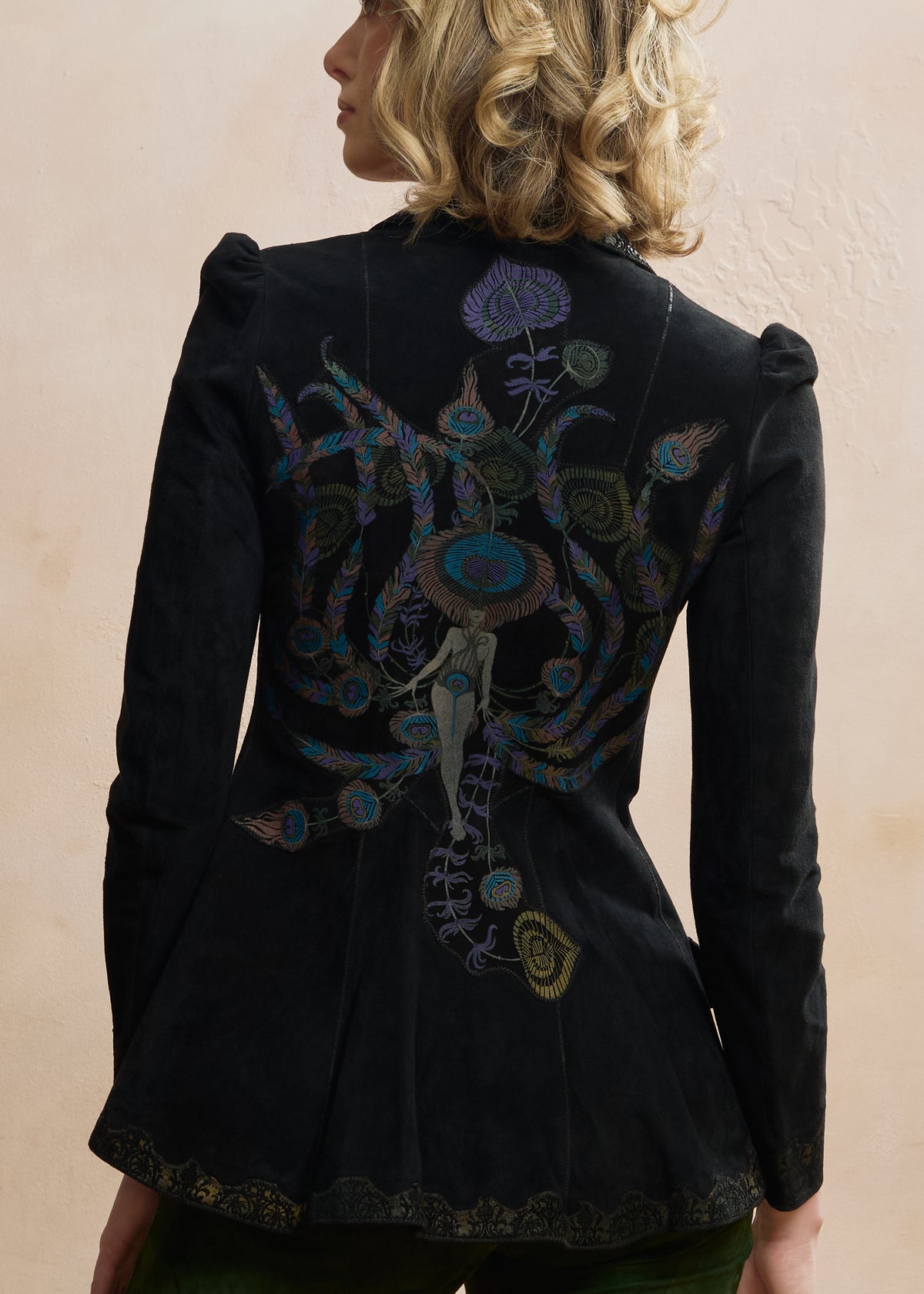 Look 07 — Painted Peacock Suede Jacket &amp; Green Trousers