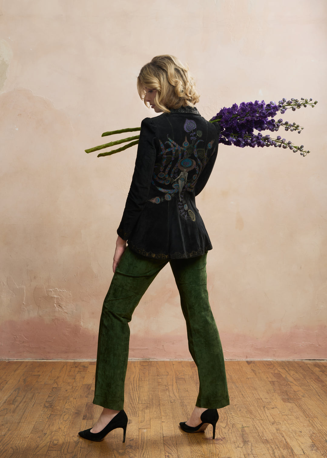 1970s Roberto Cavalli Black Printed Suede Peacock Figure Painted Peplum Jacket