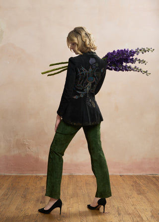 Look 07 — Painted Peacock Suede Jacket &amp; Green Trousers