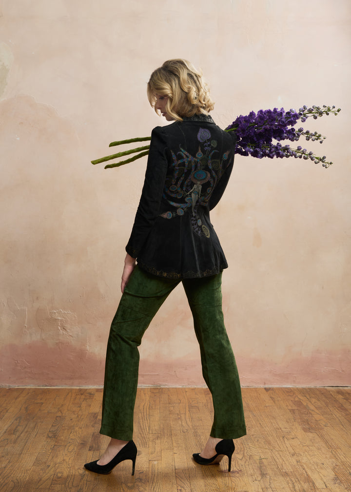 1970s Roberto Cavalli Black Printed Suede Peacock Figure Painted Peplum Jacket