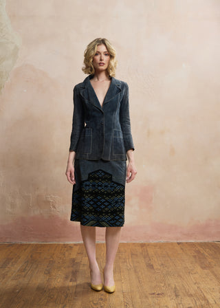 Look 08 — Slate Suede Jacket &amp; Printed Geometric Skirt