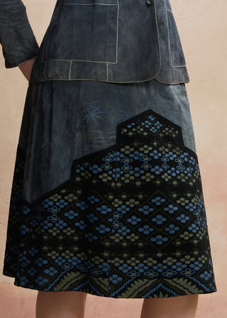 Look 08 — Slate Suede Jacket &amp; Printed Geometric Skirt