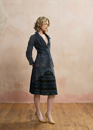 Look 08 — Slate Suede Jacket &amp; Printed Geometric Skirt