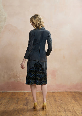 Look 08 — Slate Suede Jacket &amp; Printed Geometric Skirt