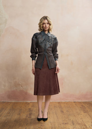 Look 09 — Painted Crane Leather-Yoke Knit Shirt &amp; Brown Suede Skirt