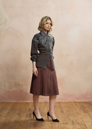 Look 09 — Painted Crane Leather-Yoke Knit Shirt &amp; Brown Suede Skirt