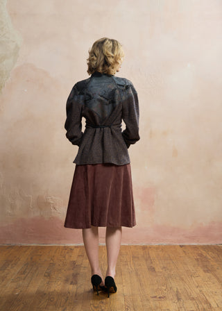 Look 09 — Painted Crane Leather-Yoke Knit Shirt &amp; Brown Suede Skirt