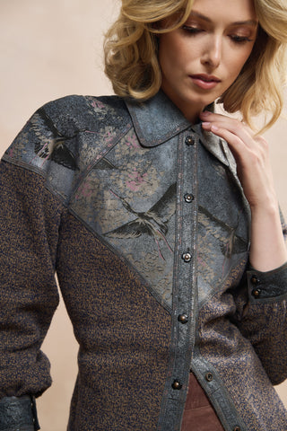 Look 09 — Painted Crane Leather-Yoke Knit Shirt &amp; Brown Suede Skirt