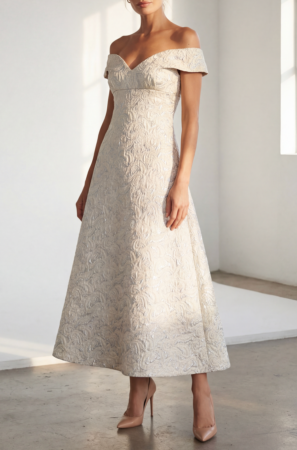 Scaasi Bateau Neck Silver A-line Gown