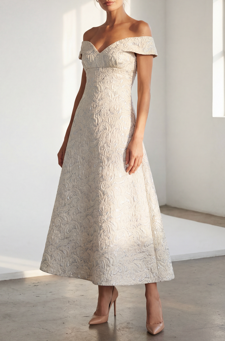 Scaasi Bateau Neck Silver A-line Gown