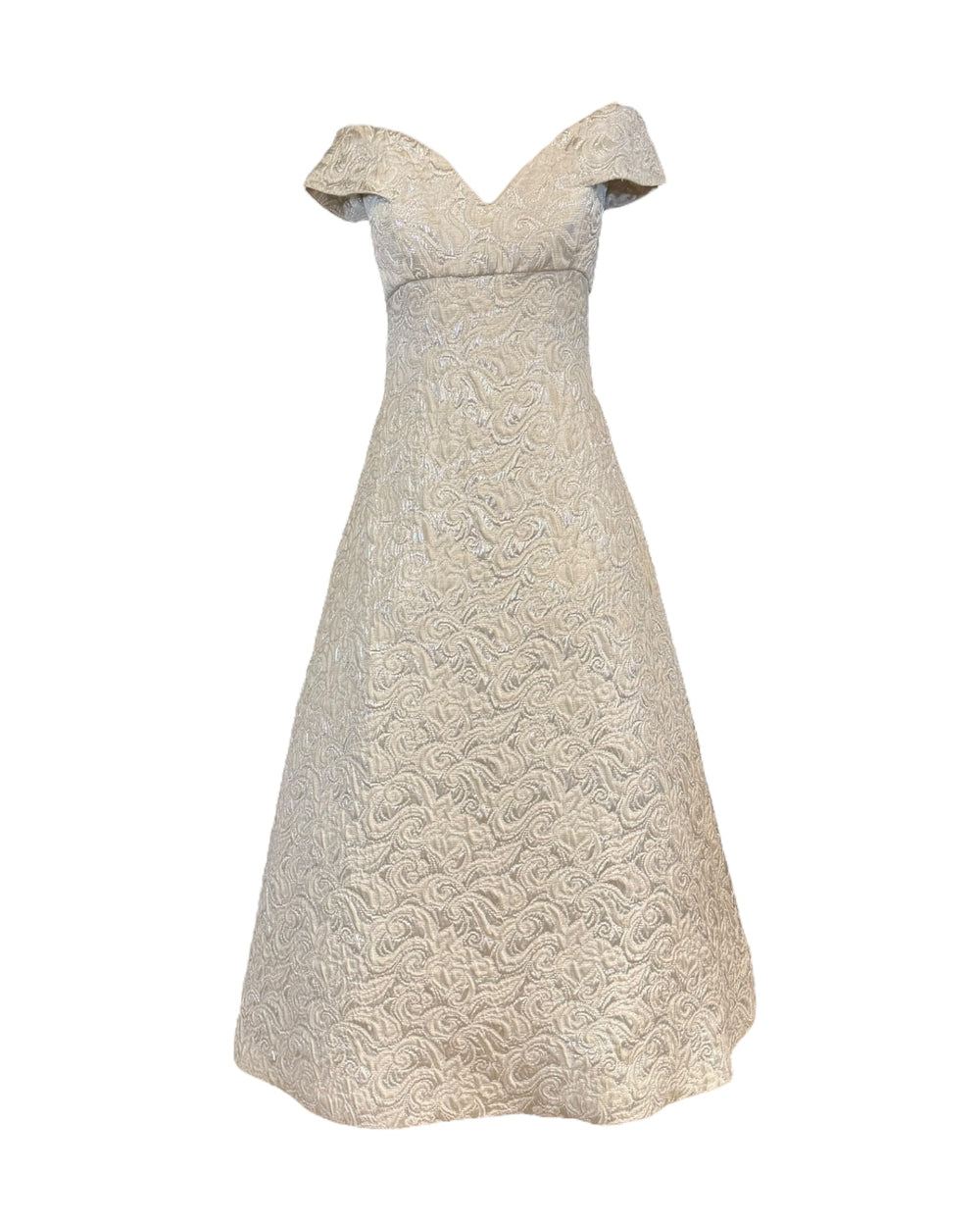 Scaasi Boutique - silver textured off the shoulders gown - metallic quilted material a-line gown rare couture