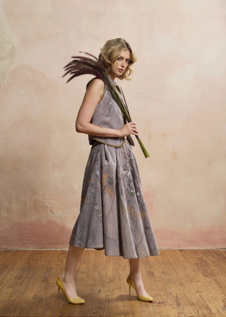 Look 01 — Lilac Painted-Bird Suede Vest &amp; Circle Skirt