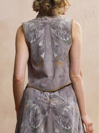 Look 01 — Lilac Painted-Bird Suede Vest &amp; Circle Skirt