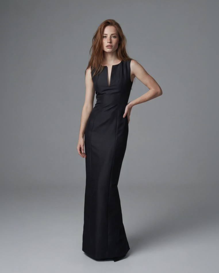 Model wearing a 90's tom ford era gucci long silk black gown