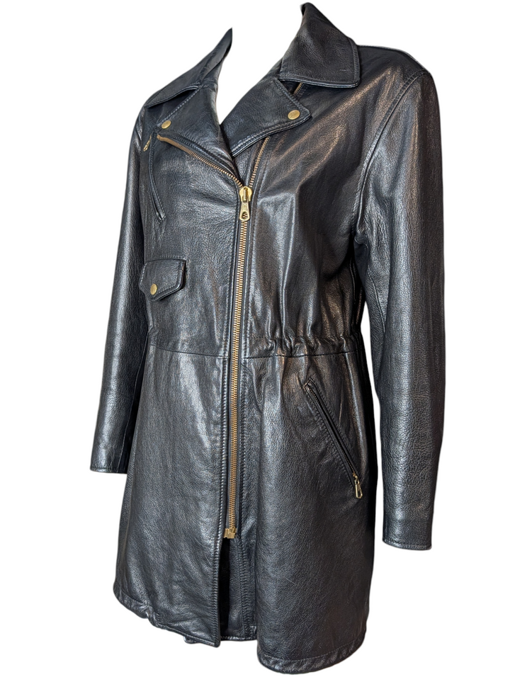 Vintage Moschino 1989 Black Leather Jacket with Illustrated Silk Lining