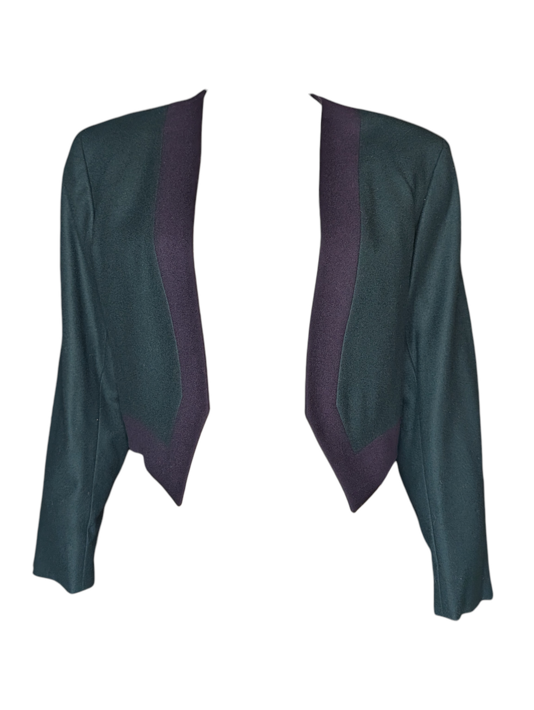 Front angled view of Yves Saint Laurent cropped wool jacket in forest green with plum trim
