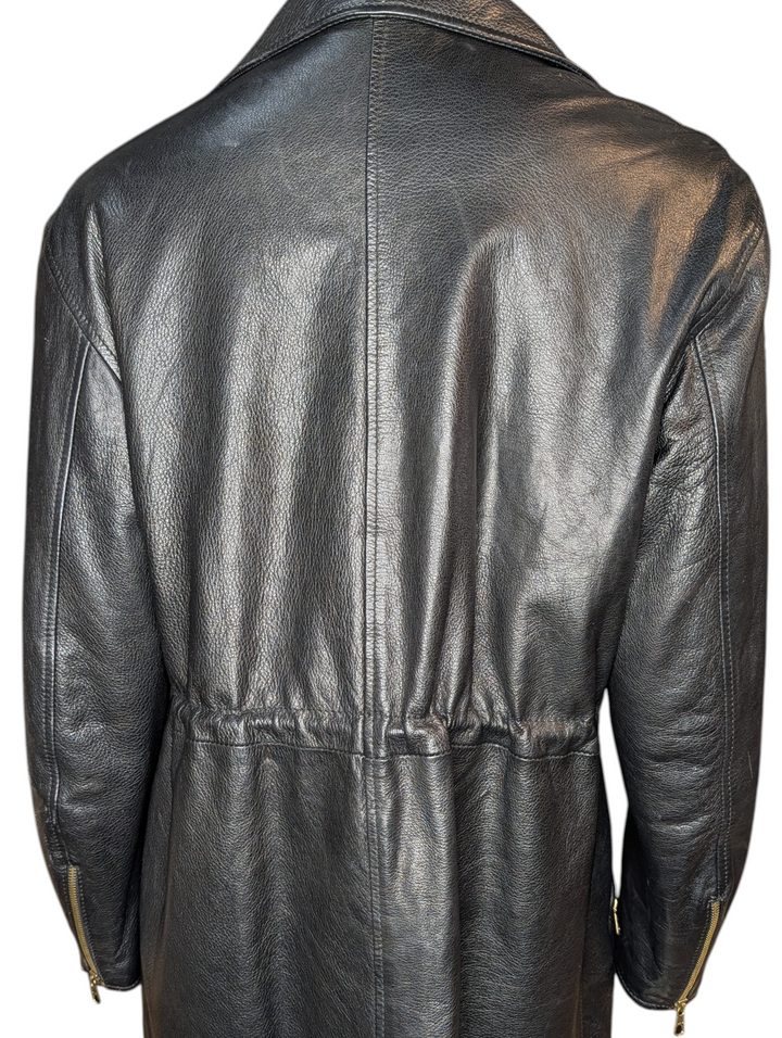 Vintage Moschino 1989 Black Leather Jacket with Illustrated Silk Lining