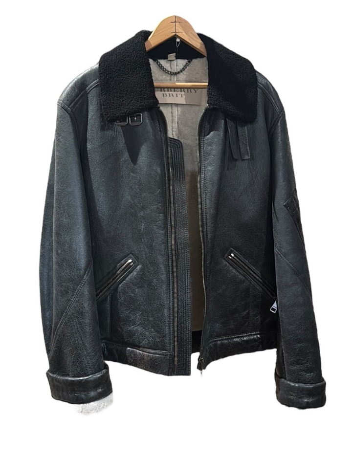 burberry brit leather shearing lined jacket menswear - vintage all black white interior bomber jacket