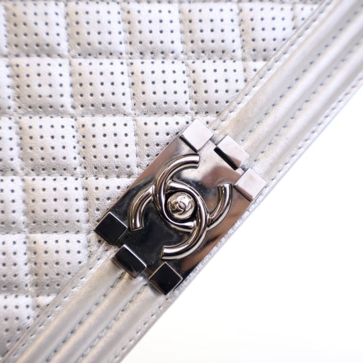 Chanel Medium Silver Lambskin Perforated Boy Bag