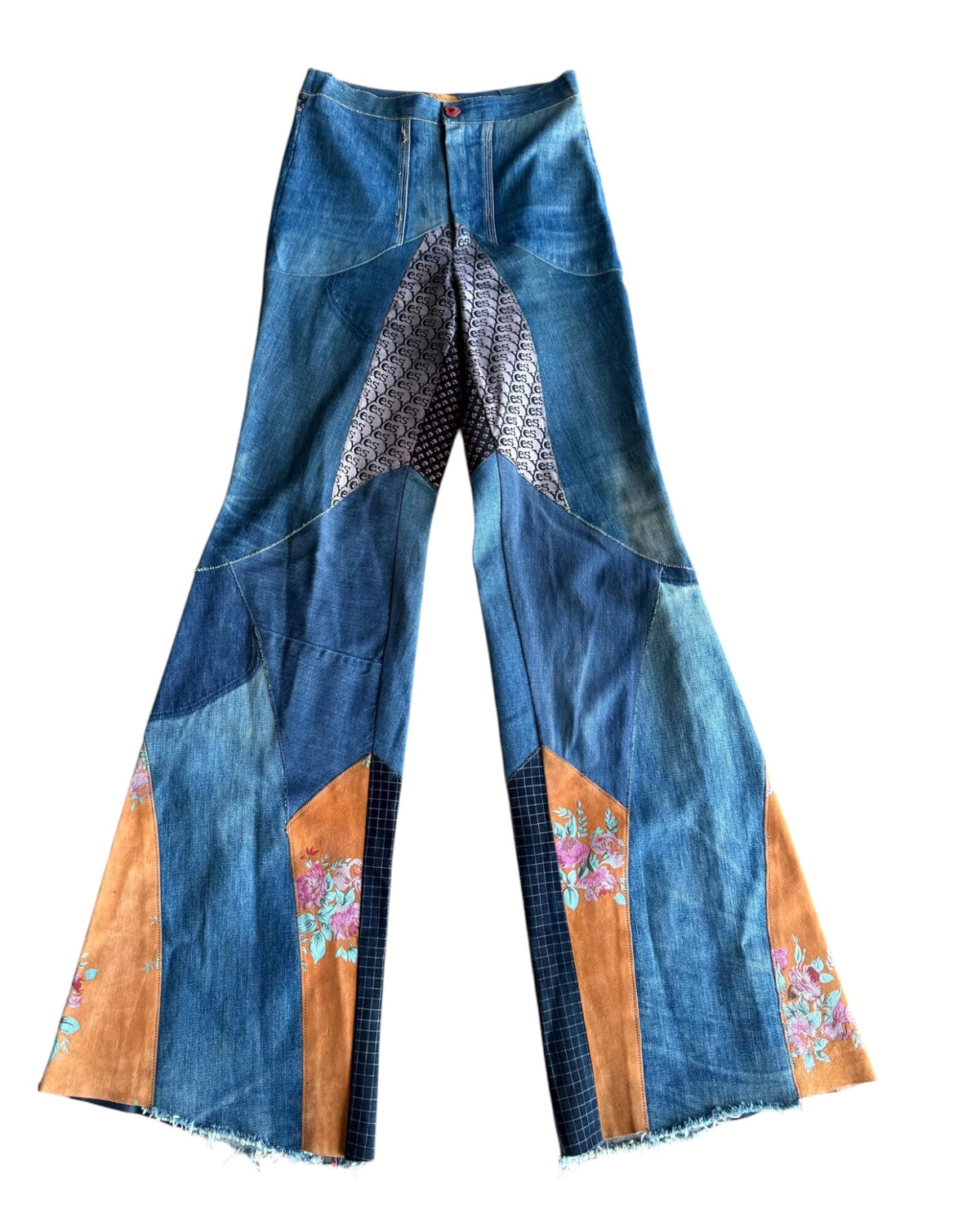Look 10 — Denim "Yes"  Patchwork Bell Bottoms with Painted Suede Panels