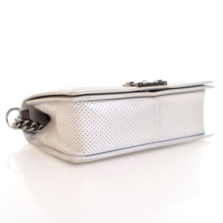 Chanel Medium Silver Lambskin Perforated Boy Bag