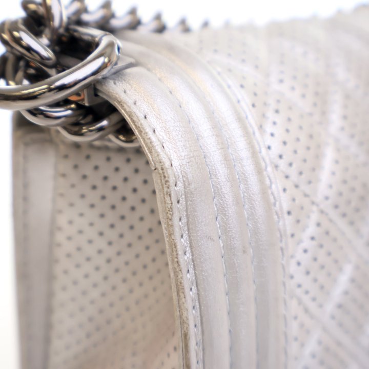 Chanel Medium Silver Lambskin Perforated Boy Bag