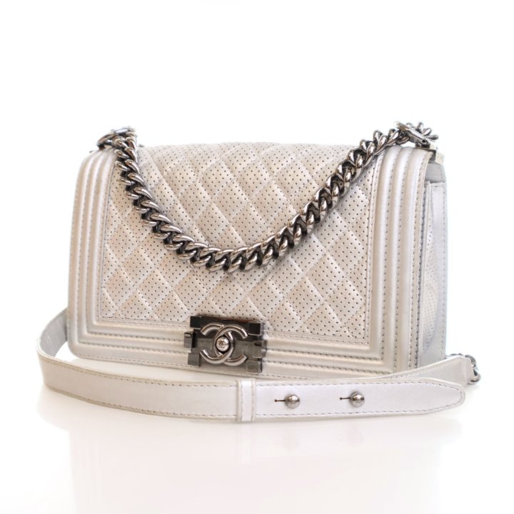 Chanel Medium Silver Lambskin Perforated Boy Bag