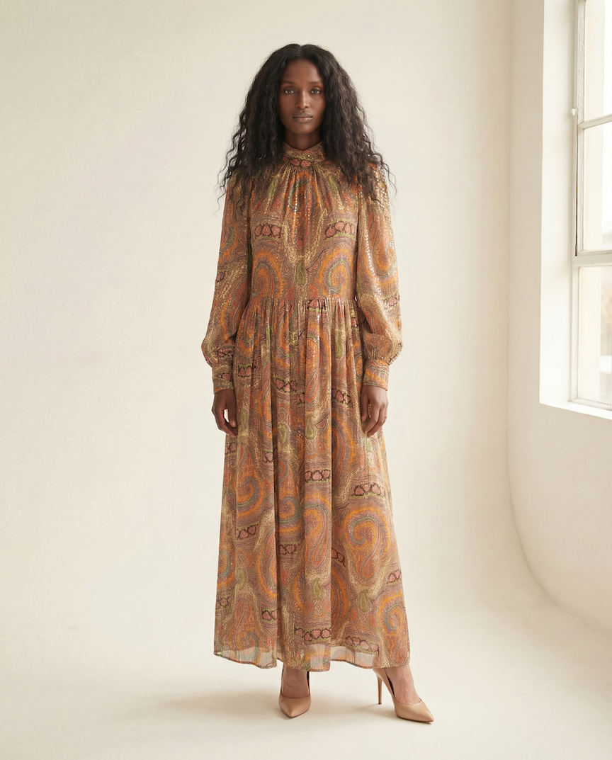 Elizabeth Arden 1960s Silk Sequined Paisley Evening Gown