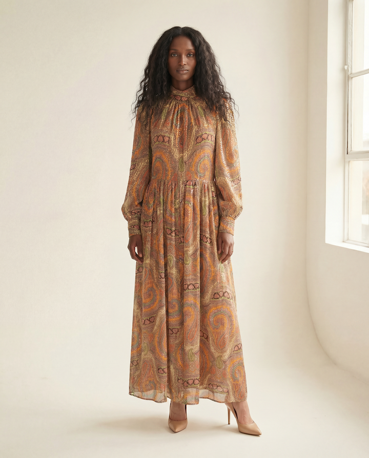 Elizabeth Arden 1960s Silk Sequined Paisley Evening Gown