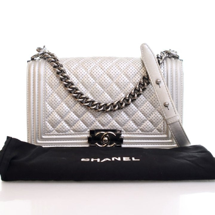 Chanel Medium Silver Lambskin Perforated Boy Bag