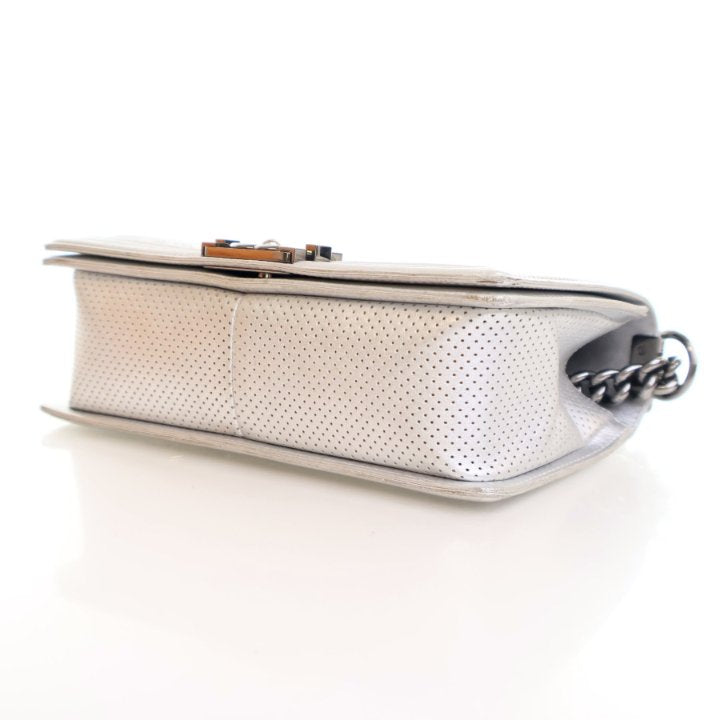 Chanel Medium Silver Lambskin Perforated Boy Bag