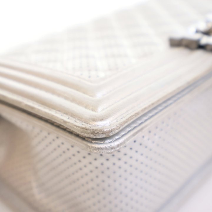 Chanel Medium Silver Lambskin Perforated Boy Bag