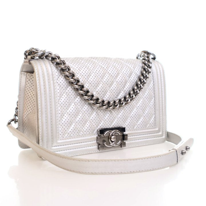 Chanel Medium Silver Lambskin Perforated Boy Bag