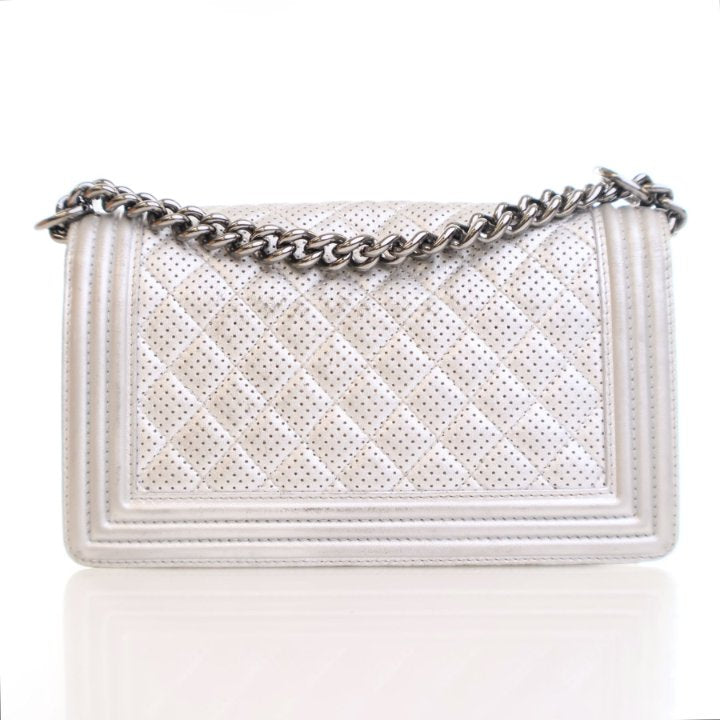 Chanel Medium Silver Lambskin Perforated Boy Bag