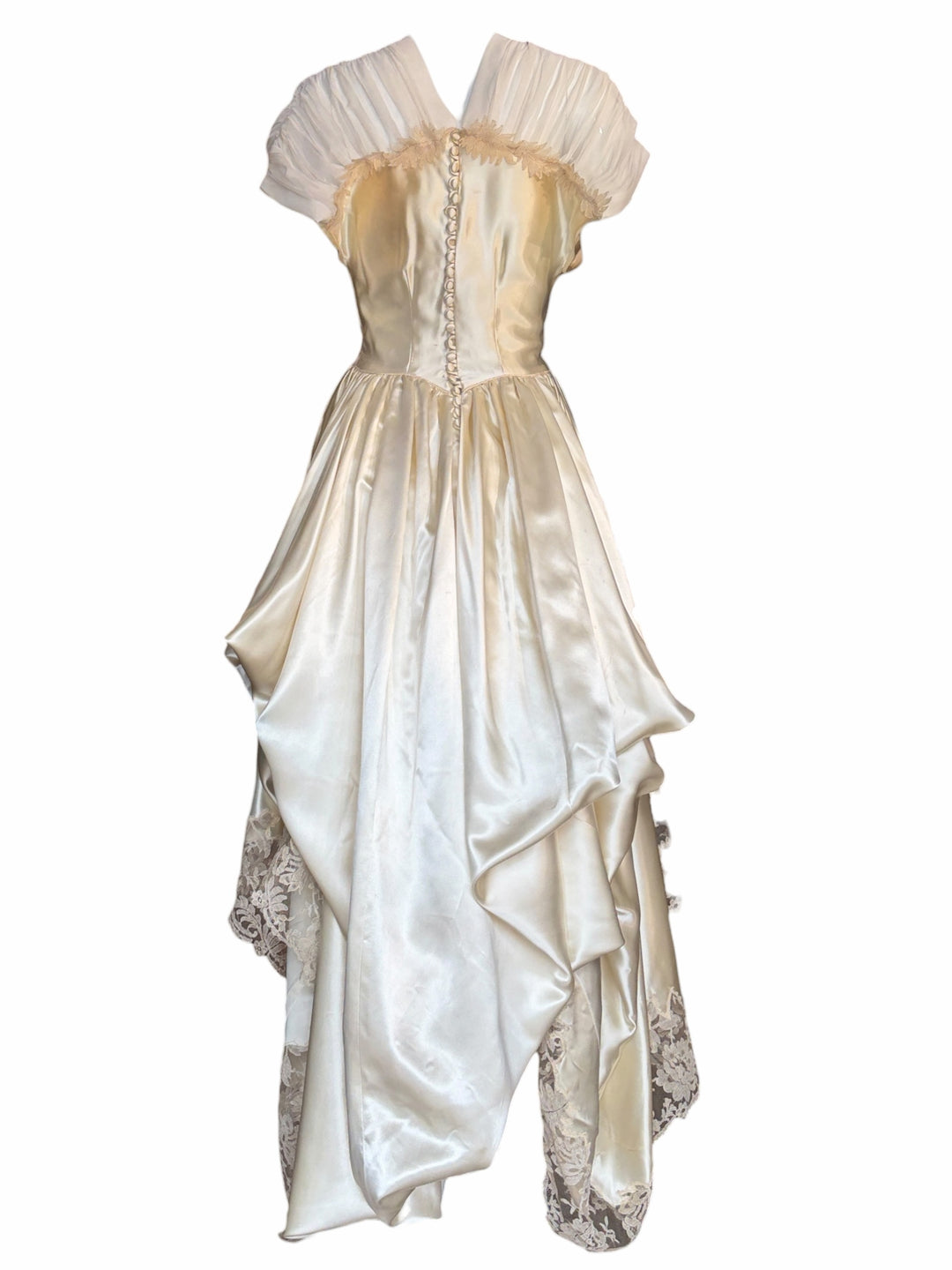 RERACKED vintage cream satin high-low bridal gown with lace trim, pleated cap sleeves, and fabric-covered button back.