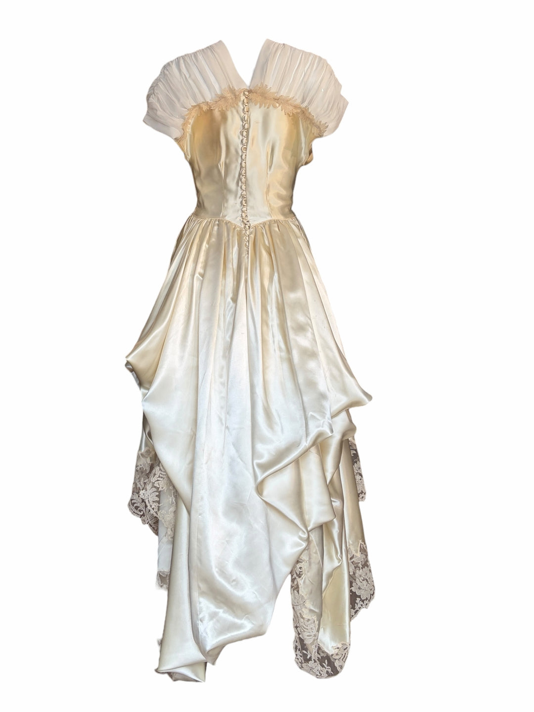 RERACKED vintage cream satin high-low evening gown with sheer pleated sleeves, lace trim, and back button detail.