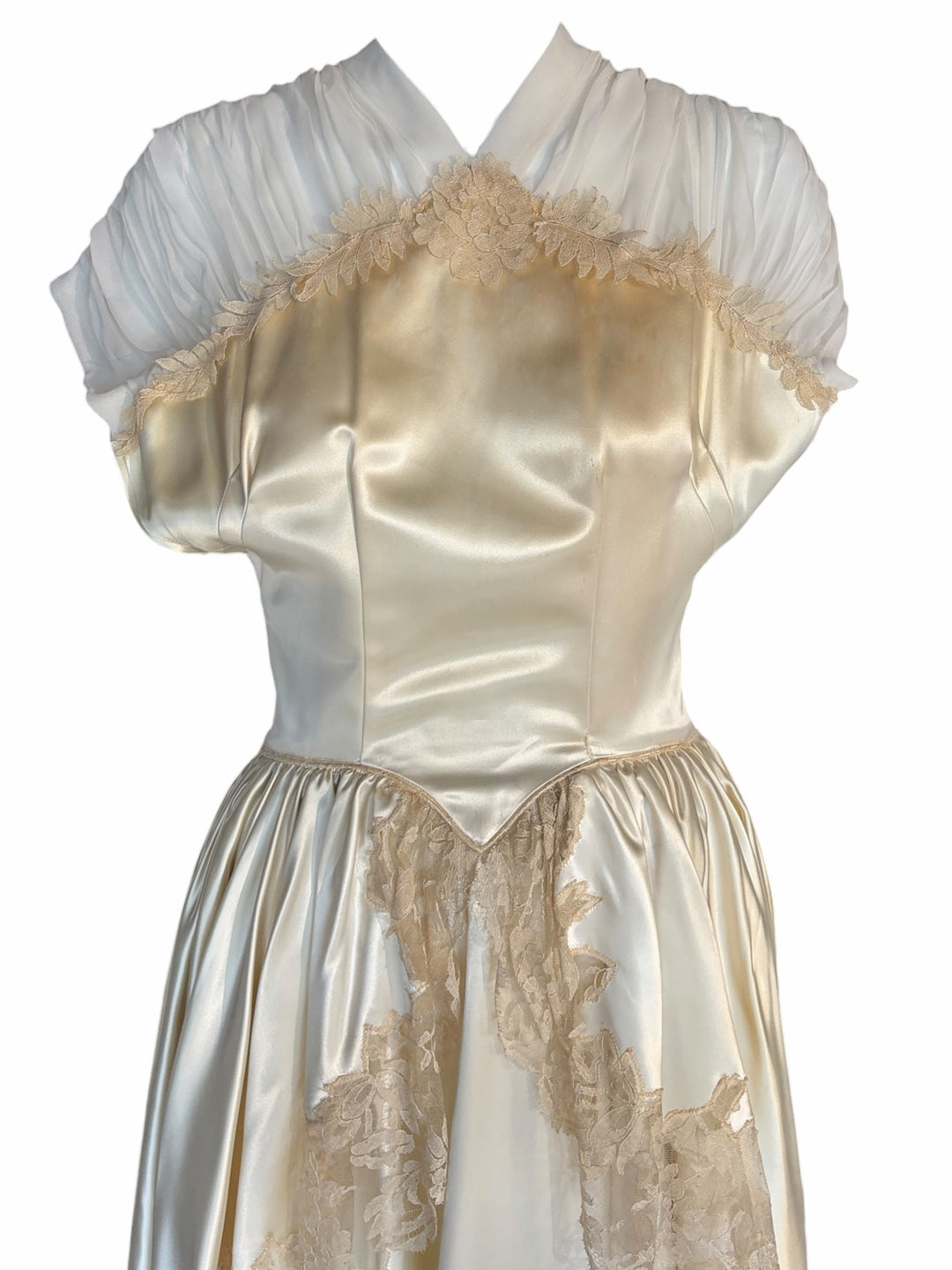 RERACKED vintage cream satin evening gown with sheer pleated cap sleeves and delicate lace trim detailing