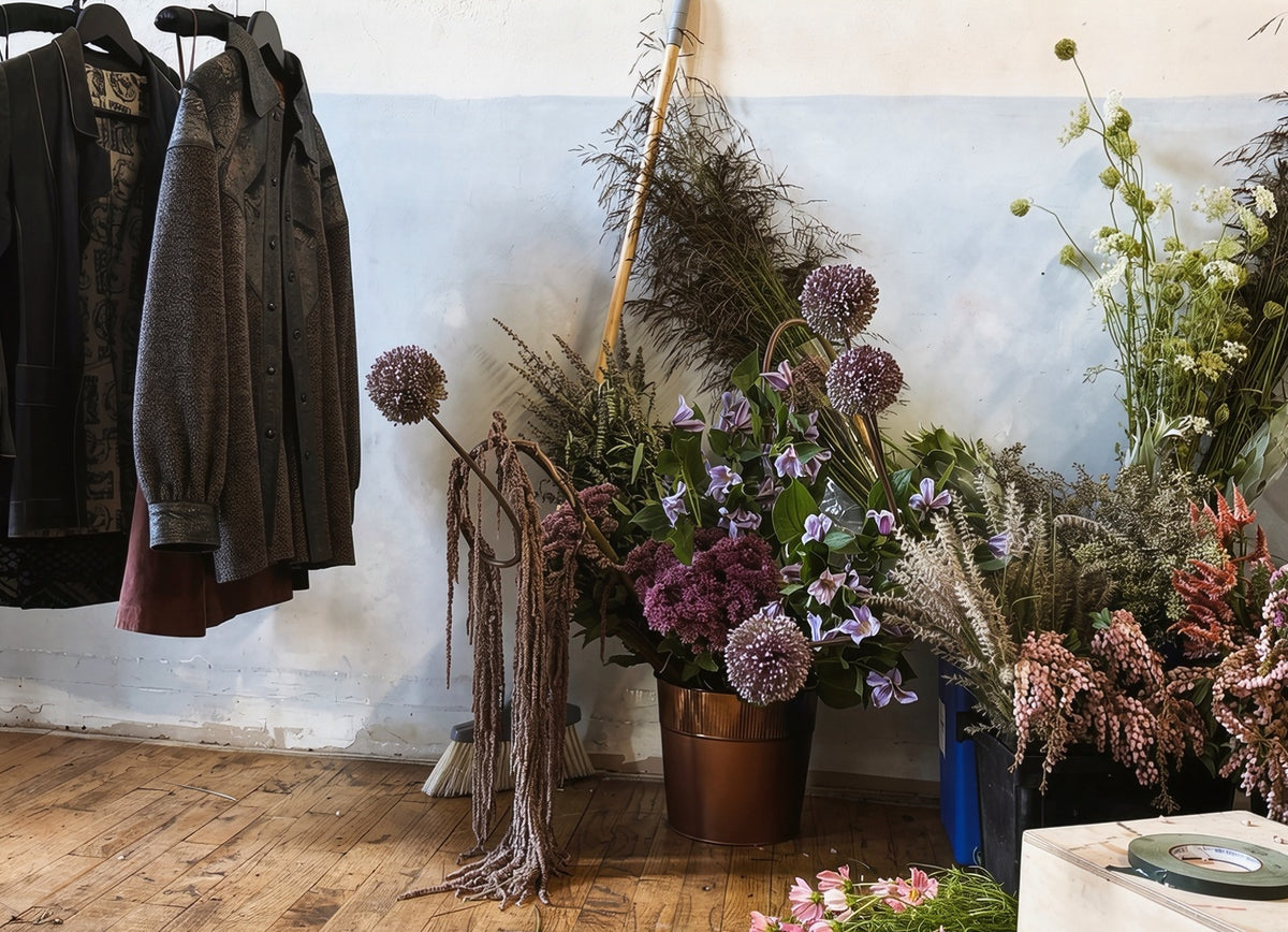 A styled interior scene with a rustic wall and wooden floor, featuring a large arrangement of dried and fresh flowers in a copper bucket, alongside hanging dark outerwear and additional floral arrangements.