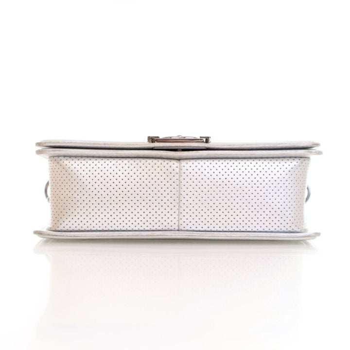 Chanel Medium Silver Lambskin Perforated Boy Bag